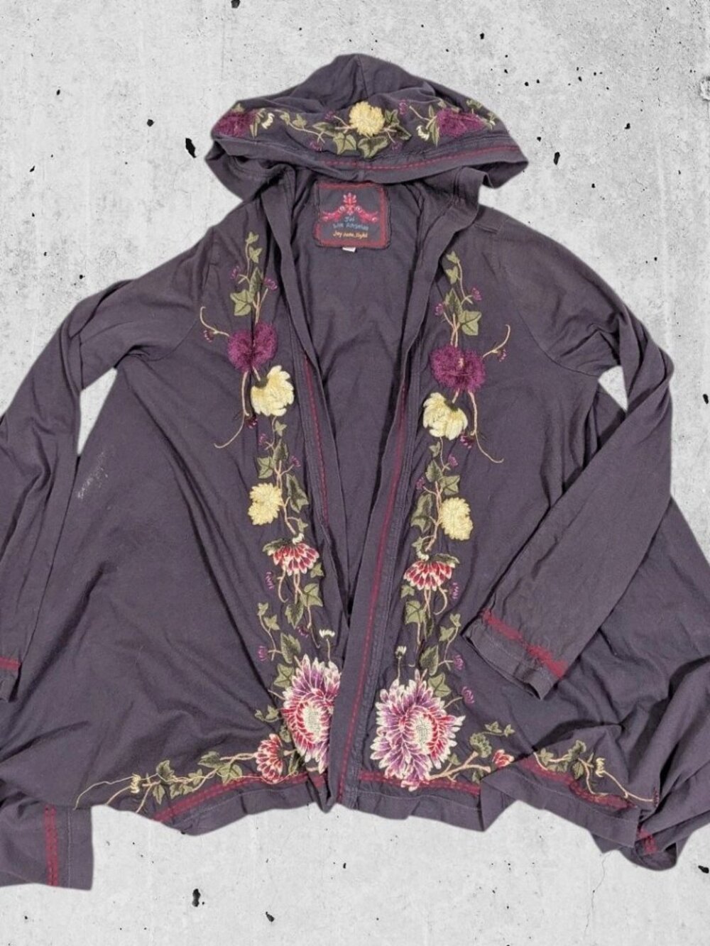 Johnny Was Hoodie Open Front Cardigan Shirt Size Medium Floral Embroidered